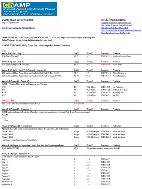 uci schedule of classes